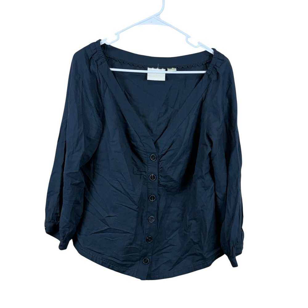 Maeve Anthropologie Blouse Womens 12 Black V Neck 3/4 Sleeve Rayon Linen Top